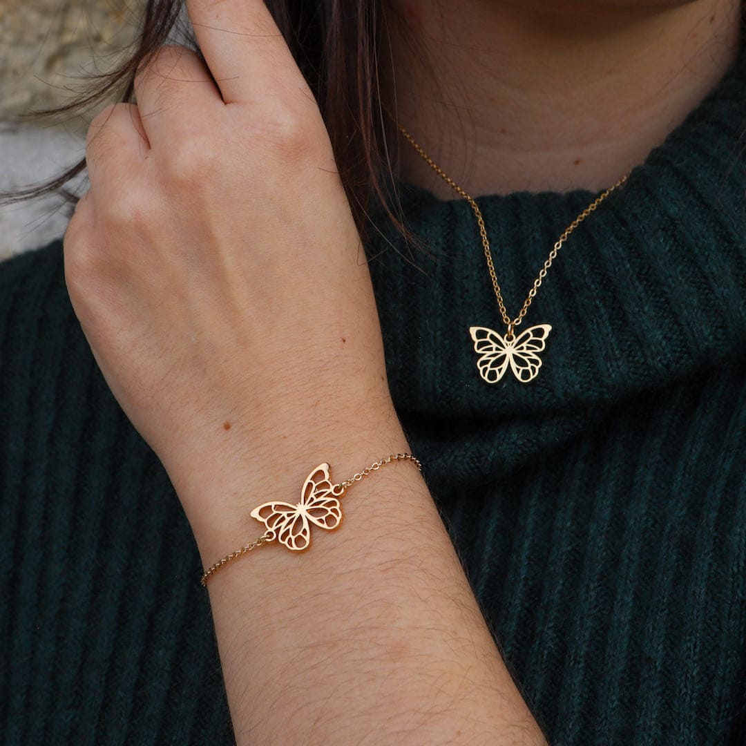 Parrure bracetet et collier papillon or chaîne