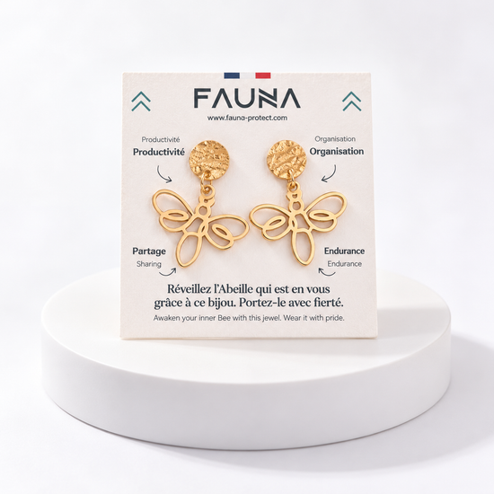 Boucles d'oreilles abeille or sur carte Fauna