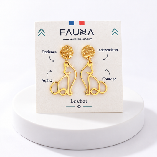 Boucles d'oreilles chat or sur carte Fauna