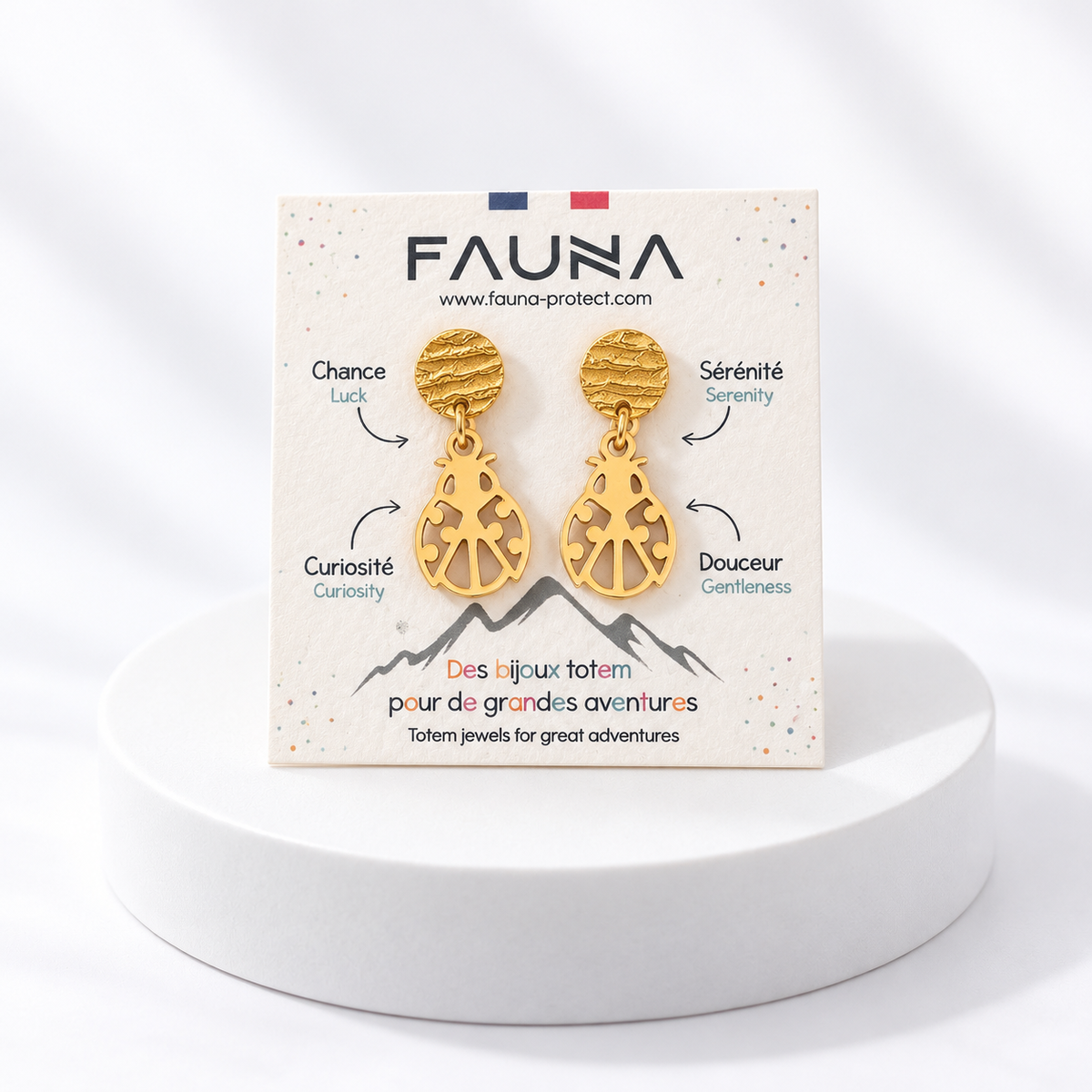 Boucles d'oreilles coccinelle or sur carte Fauna