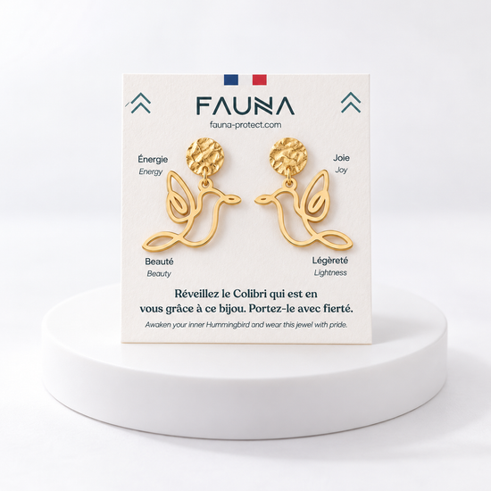 Boucles d'oreilles colibri or sur carte Fauna