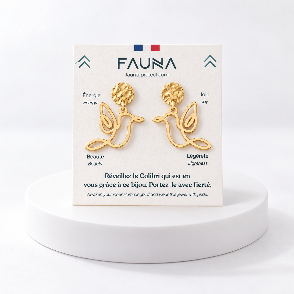 Boucles d'oreilles colibri or sur carte Fauna