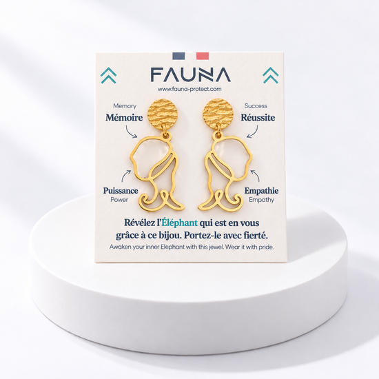 Boucles d'oreilles éléphant or sur carte Fauna