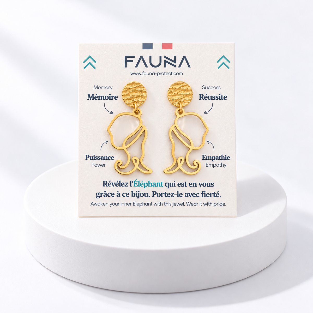 Boucles d'oreilles éléphant or sur carte Fauna