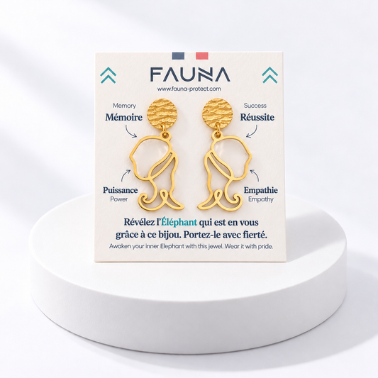 Boucles d'oreilles éléphant or sur carte Fauna