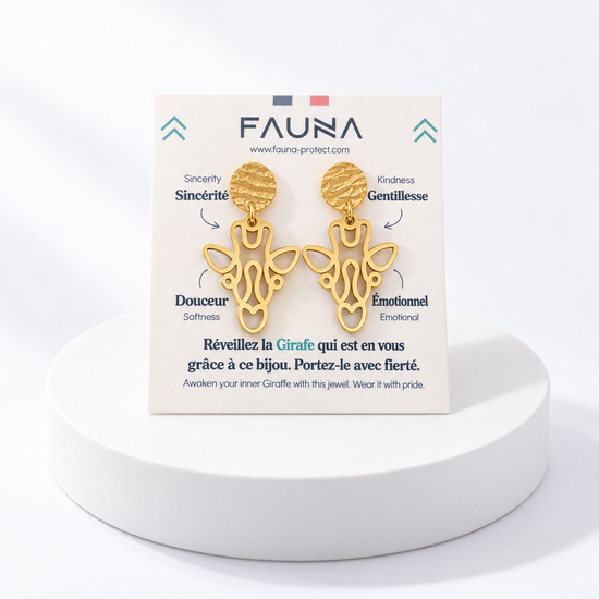 Boucles d'oreilles girafe or sur carte Fauna