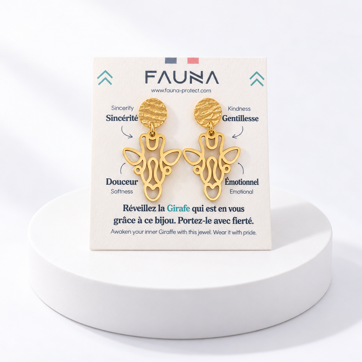 Boucles d'oreilles girafe or sur carte Fauna