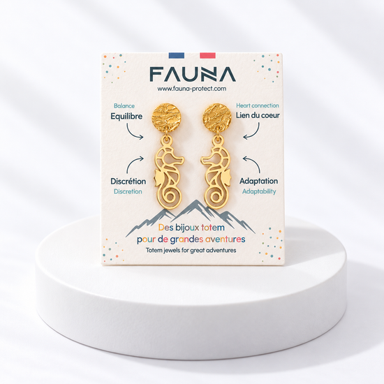 Boucles d'oreilles hippocampe or sur carte Fauna