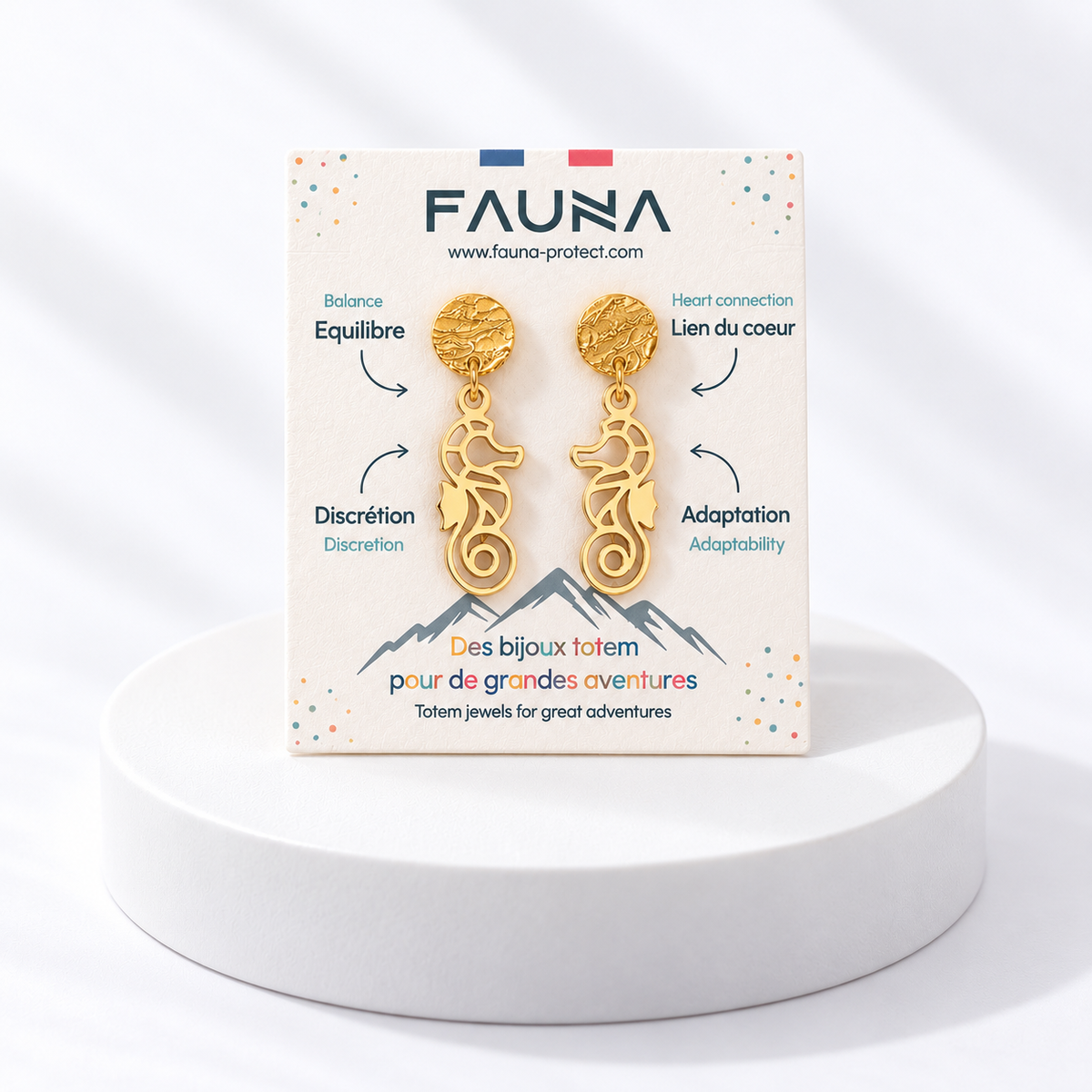 Boucles d'oreilles hippocampe or sur carte Fauna