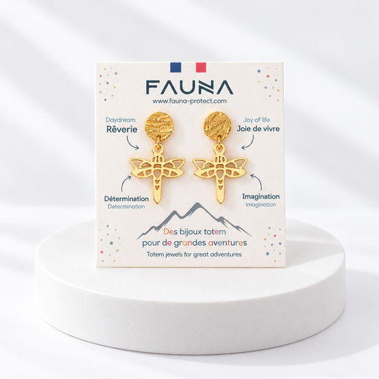 Boucles d'oreilles libellule or sur carte Fauna