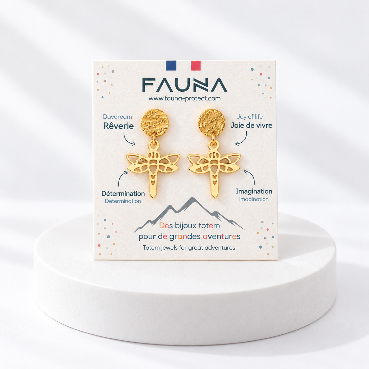Boucles d'oreilles libellule or sur carte Fauna