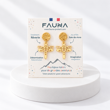 Boucles d'oreilles libellule or sur carte Fauna