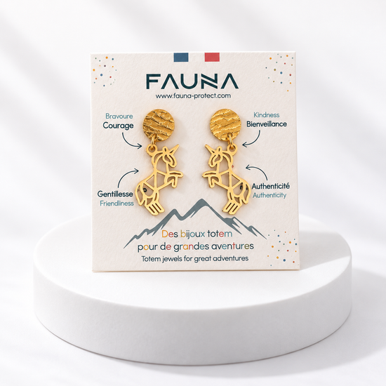 Boucles d'oreilles licorne or sur carte Fauna