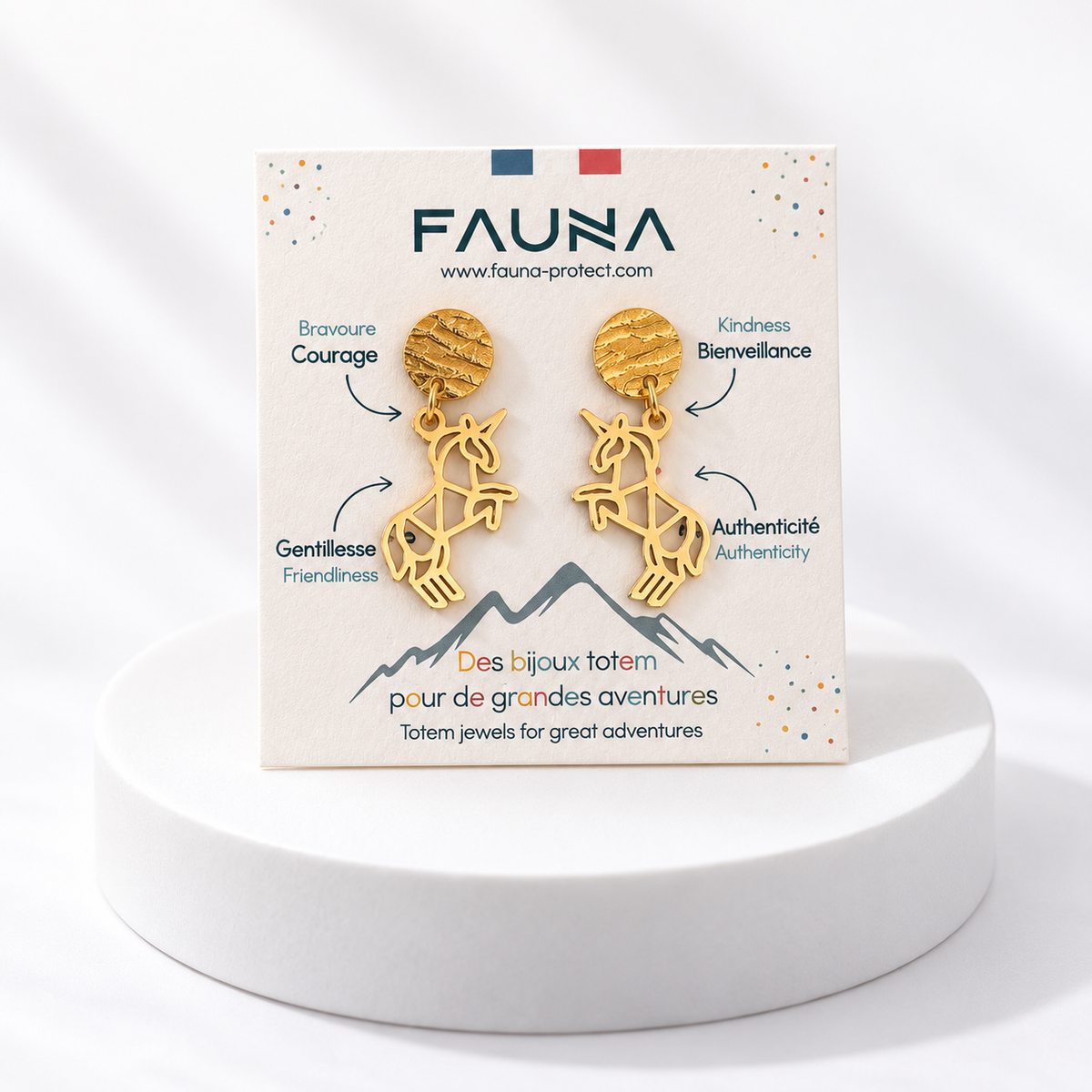 Boucles d'oreilles licorne or sur carte Fauna