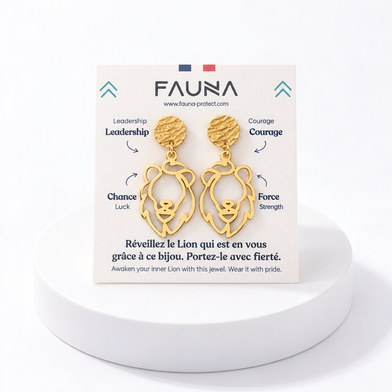 Boucles d'oreilles lion or sur carte Fauna