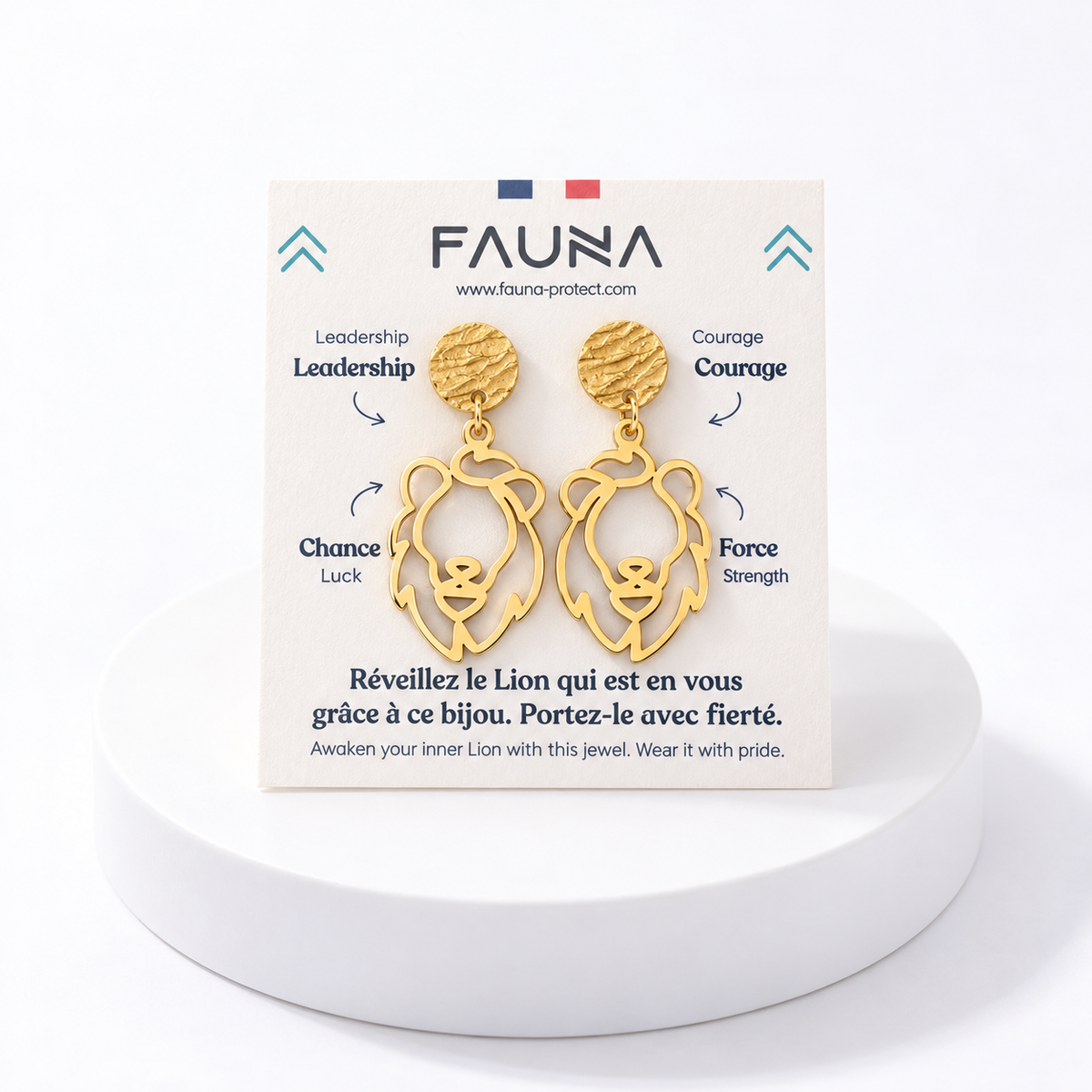 Boucles d'oreilles lion or sur carte Fauna