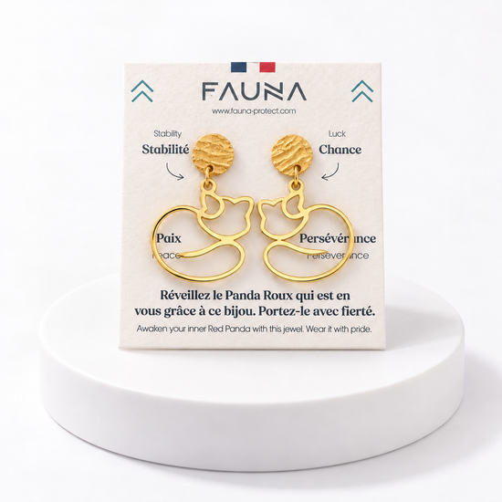 Boucles d'oreilles panda roux or sur carte Fauna