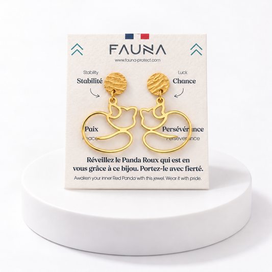 Boucles d'oreilles panda roux or sur carte Fauna