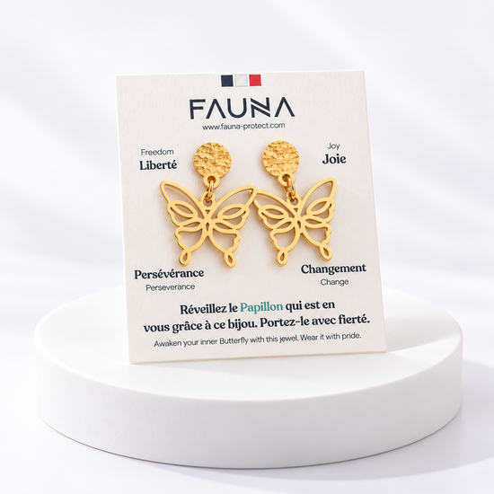 Boucles d'oreilles papillon or sur carte Fauna