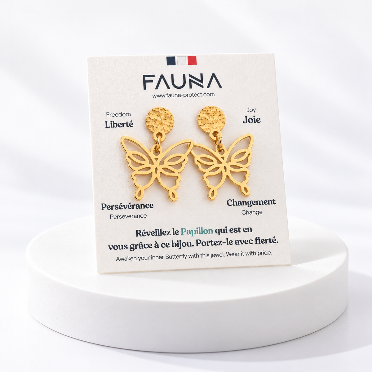 Boucles d'oreilles papillon or sur carte Fauna