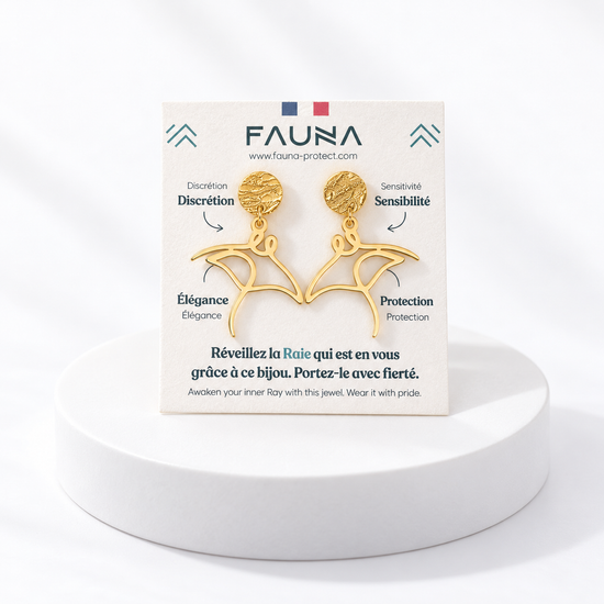 Boucles d'oreilles raie or sur carte Fauna
