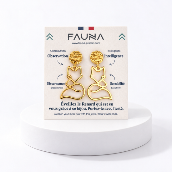 Boucles d'oreilles renard or sur carte Fauna