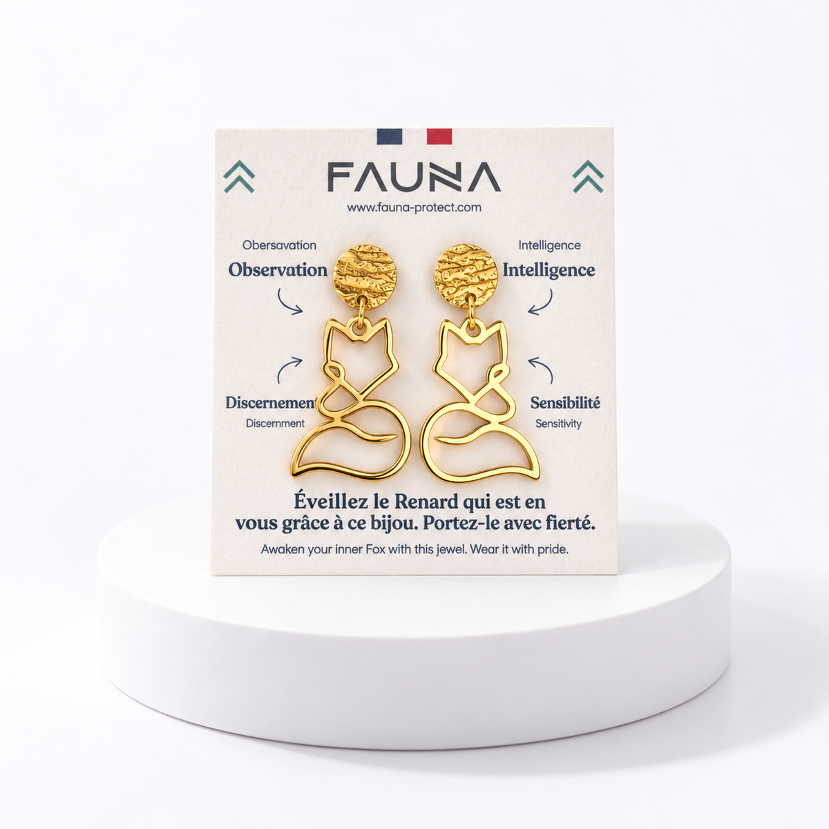 Boucles d'oreilles renard or sur carte Fauna