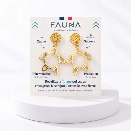 Boucles d'oreilles tortue or sur carte Fauna