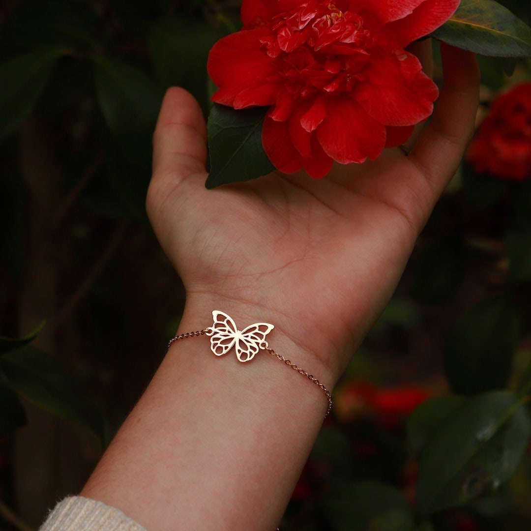 Bracelet Papillon Or Chaîne fleur rouge