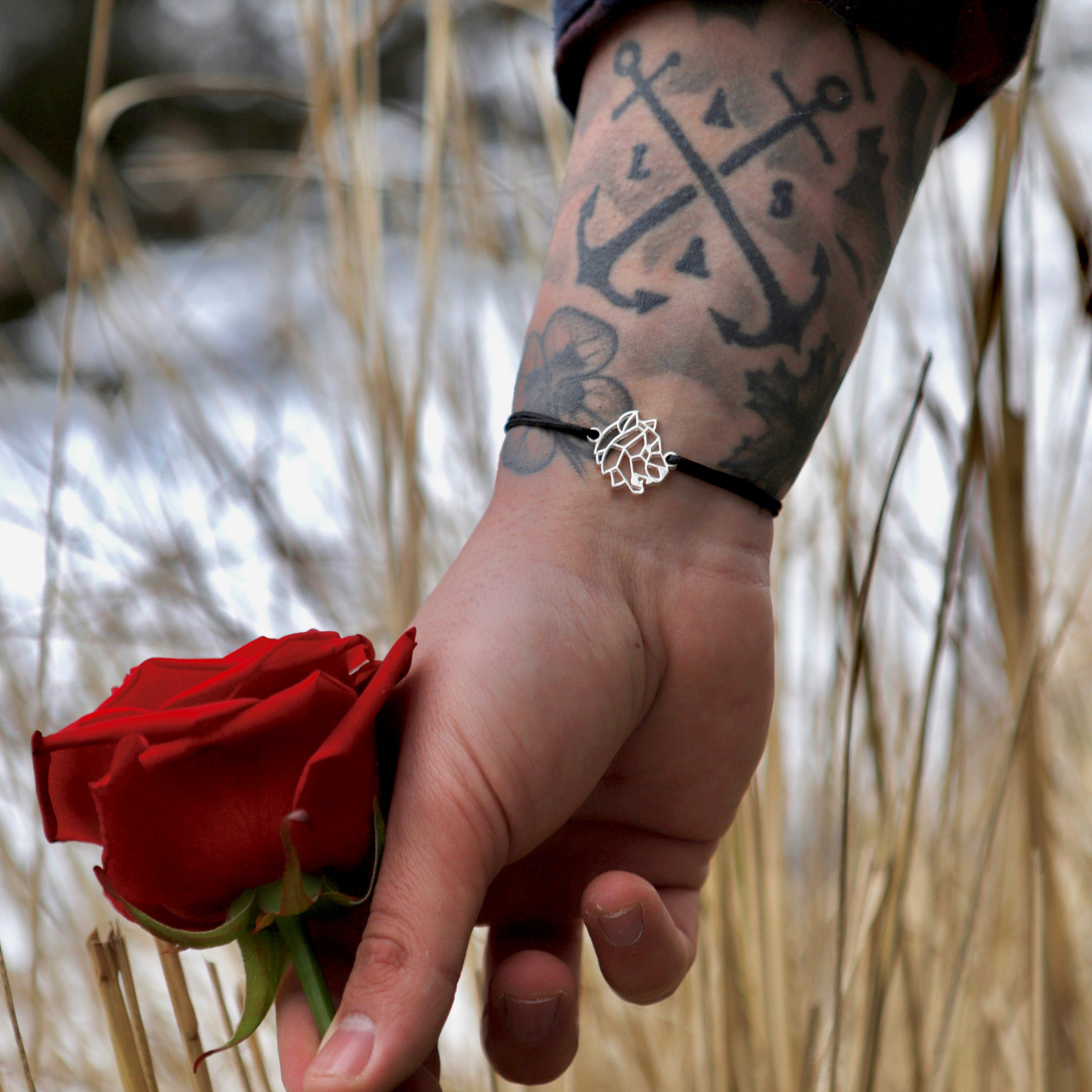 Bracelet Tigre Argent Cordon Fleur Rose
